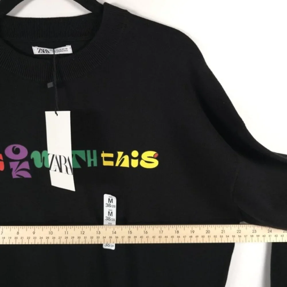 NWT ZARA “I’M OK WITH THIS” Text Print Black‎ Crew Neck Knit Pullover Sweater M